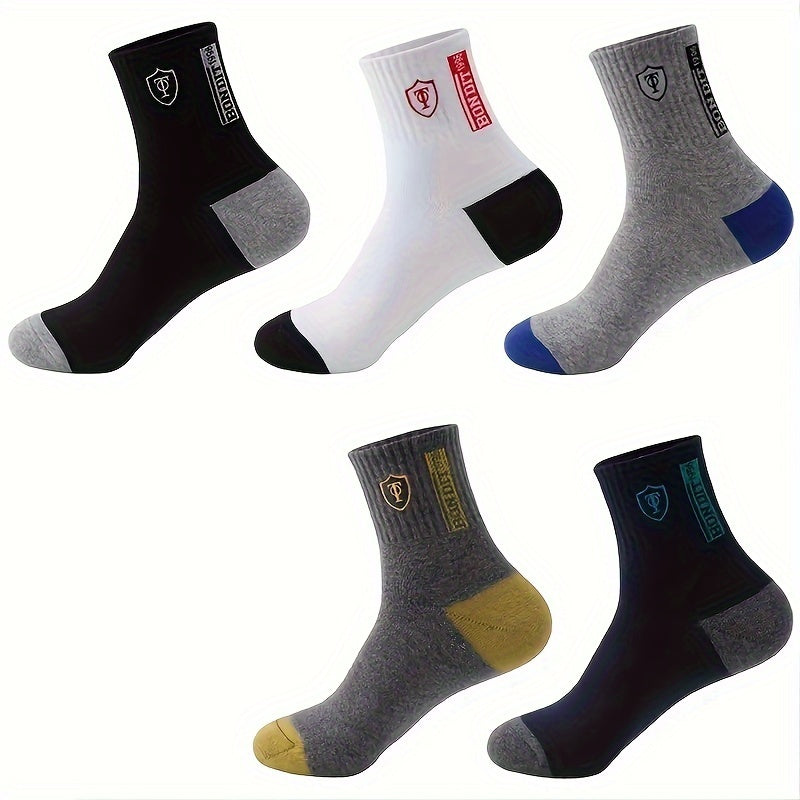 [5 Pairs Sweat-Resistant Crew Socks] 5 Pairs Men'S Athletic Crew Socks, Moisture-Wicking Knit Fabric, Solid Color, Polyester 75%, Spandex 25%, with Embroidered Badge, for Hand Wash Only, Sweat-Resistant