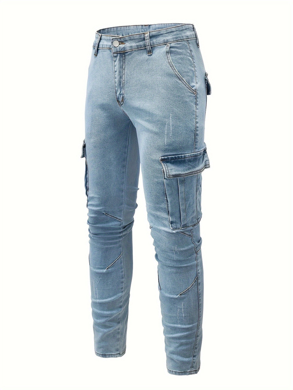 Men's Solid Color Multi-pocket Skinny Jeans For Autumn And Winter