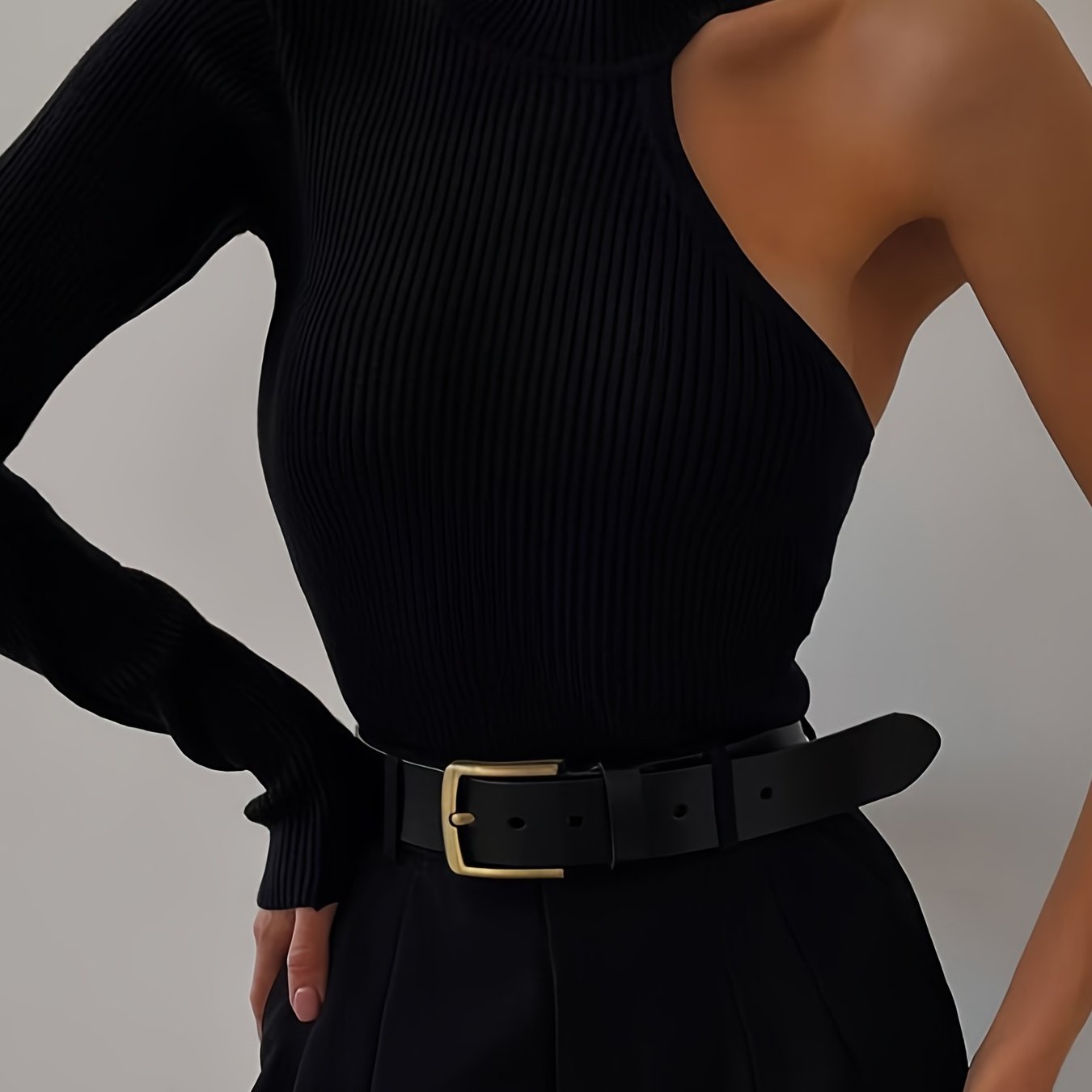 Solid Asymmetric One Shoulder Ribbed Knit Long Sleeve Bodysuit, Sexy Fall Winter One Piece Bodysuits, Women's Clothing