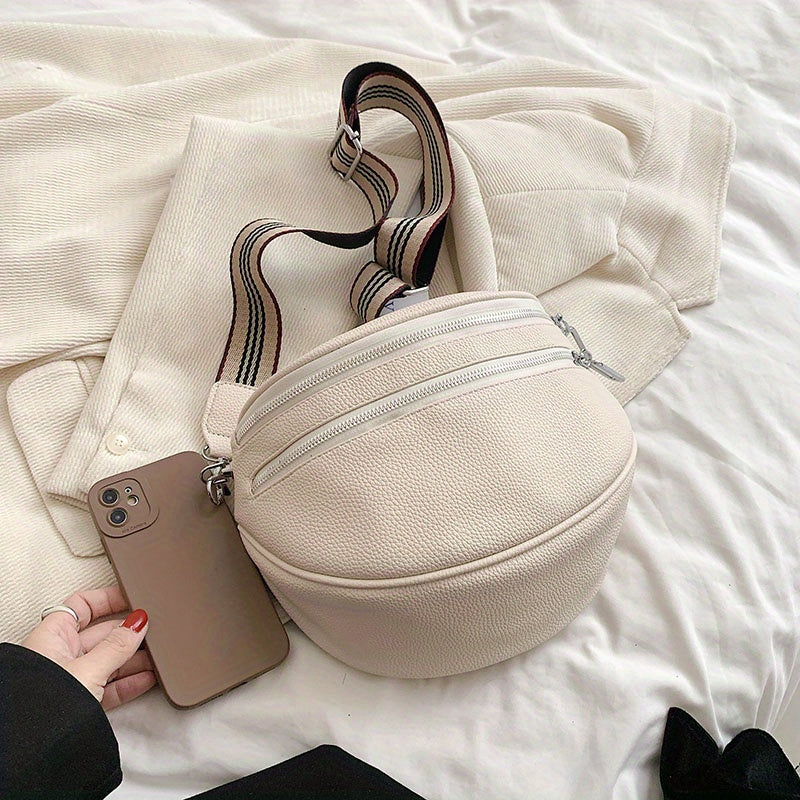 Black Synthetic Leather Crossbody Bag with Adjustable Striped Strap - Large Capacity Shoulder Messenger Bag for Women, Zipper Closure, Polyester Lining, Versatile Solid Color Design