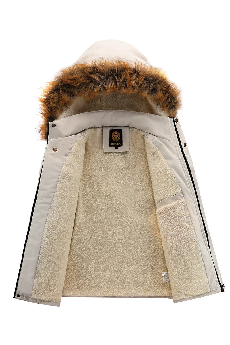 Men'S Winter Windbreaker Jacket with Lamb Fur Collar, Polyester 100% Windproof Zippered Sports Jacket, Alphabet Pattern, Regular Sleeve, Casual Outdoor Wear, H Fit, 150g/m² Fabric Weight