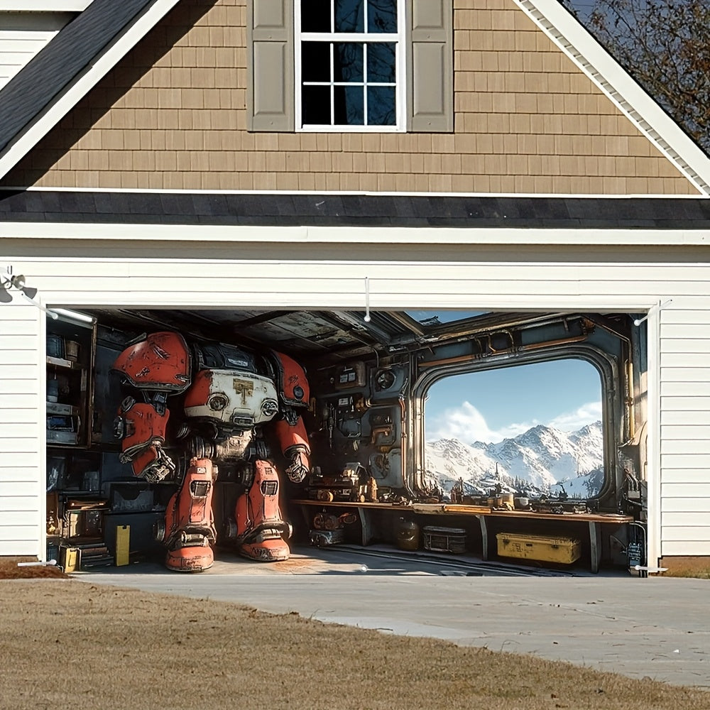 2D Door Banner, 1pc 2D Flat Printing Robot Mechanic Workshop Garage Door Mural Garage Door Banner Vibrant Outdoor Decoration, Large Fabric Cover, Easy Installation, Ideal for Weddings, Parties, and Special Events