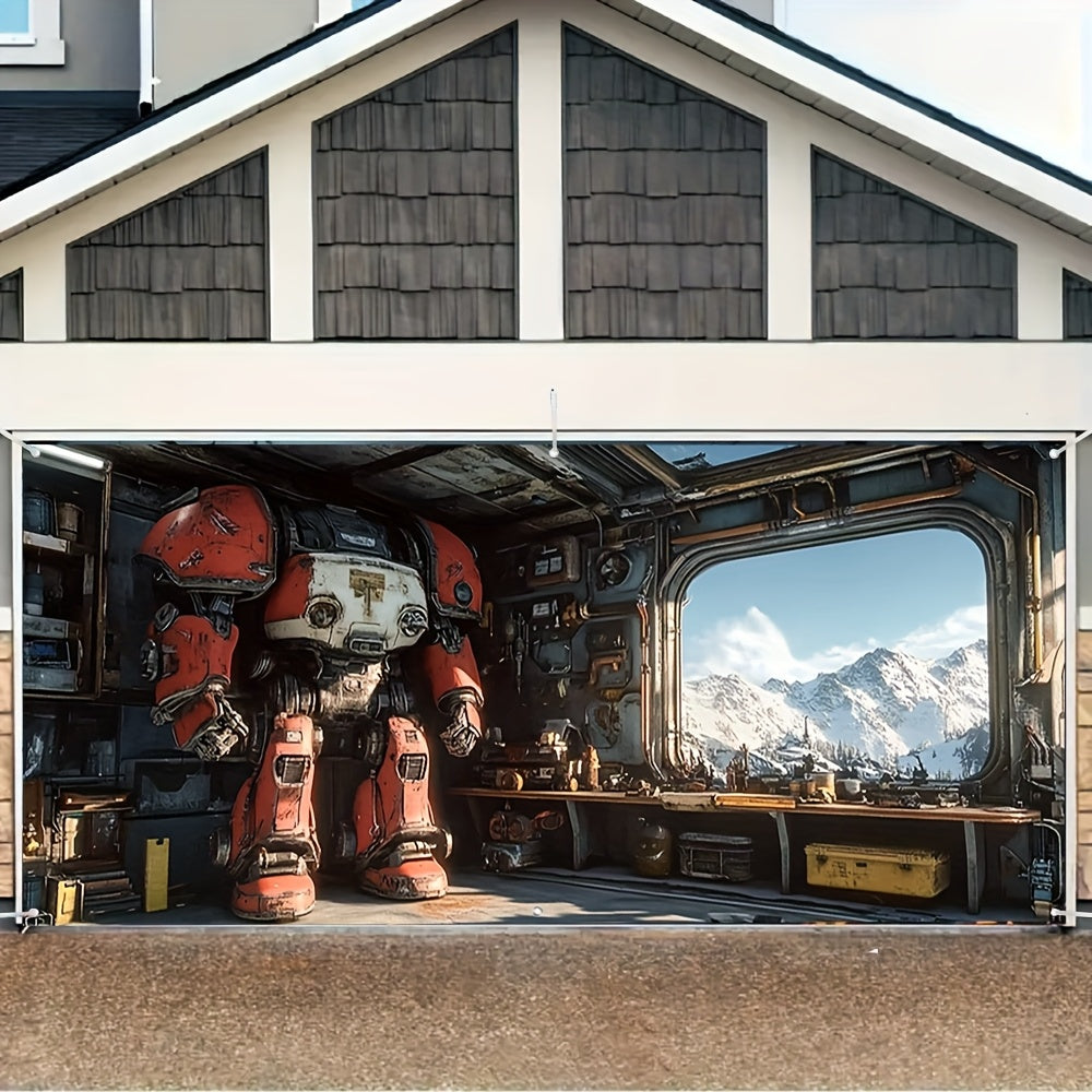 2D Door Banner, 1pc 2D Flat Printing Robot Mechanic Workshop Garage Door Mural Garage Door Banner Vibrant Outdoor Decoration, Large Fabric Cover, Easy Installation, Ideal for Weddings, Parties, and Special Events