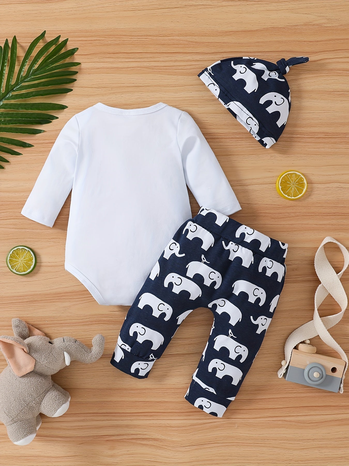 Baby Boys Cotton Bodysuit + Matching Pants + Hat With Elephant Print, Long Sleeve Romper Onesie Set Baby Clothes