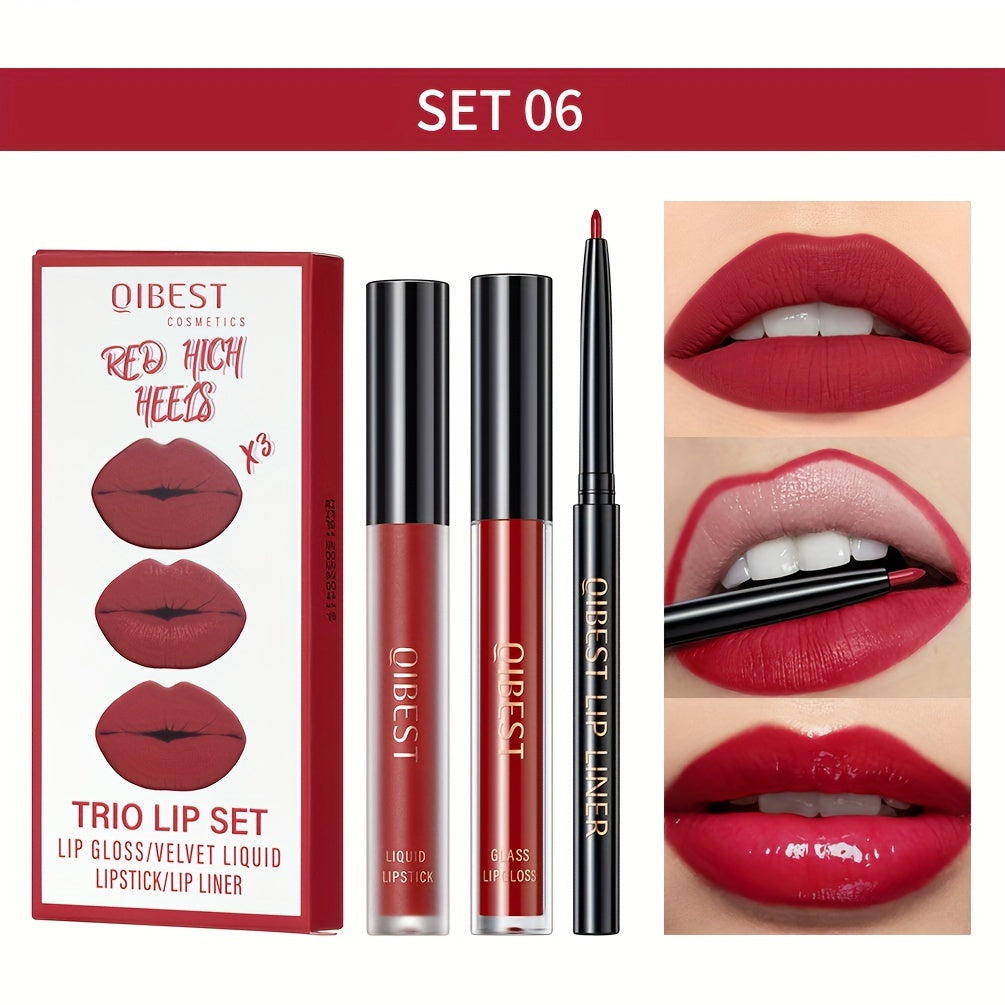 Lip Liner, Lipstick And Lip Gloss Trio Set, Matte Liquid Lipstick + Matching Lip Liner + Lip Gloss Nude Velvety Lipstick Makeup Kit Gift Set, Waterproof Long Lasting, Contains Plant Squalane Formula