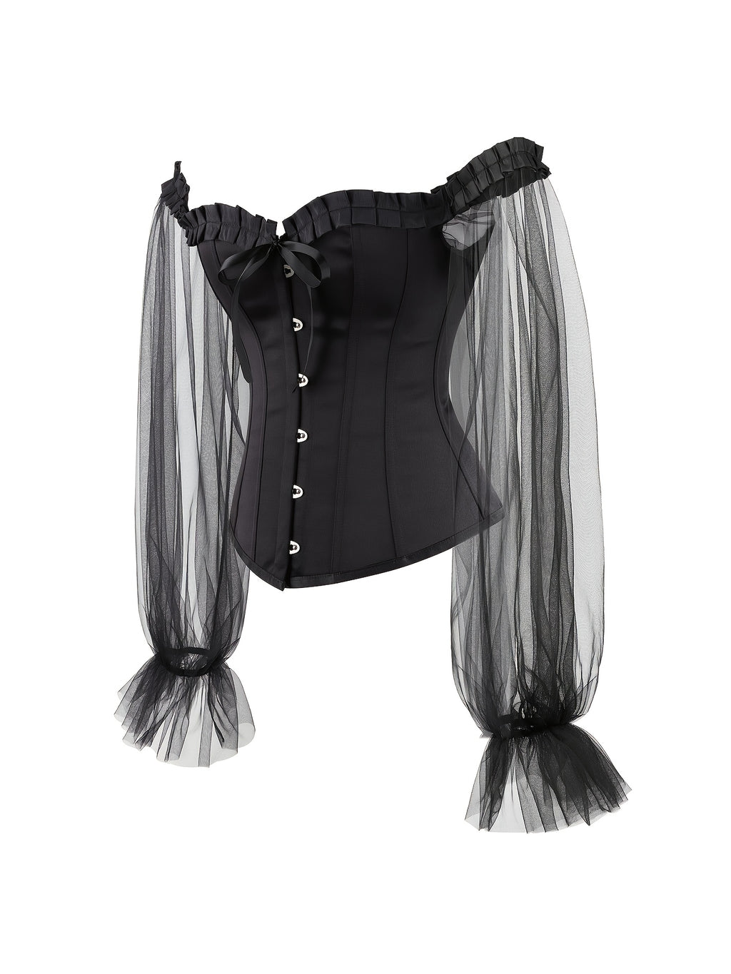 Off Shoulder Neck Corsets For Women Sheer Mesh Long Puff Sleeve Overbust Corset Gothic Lace-up Boned Bustier Tops Black