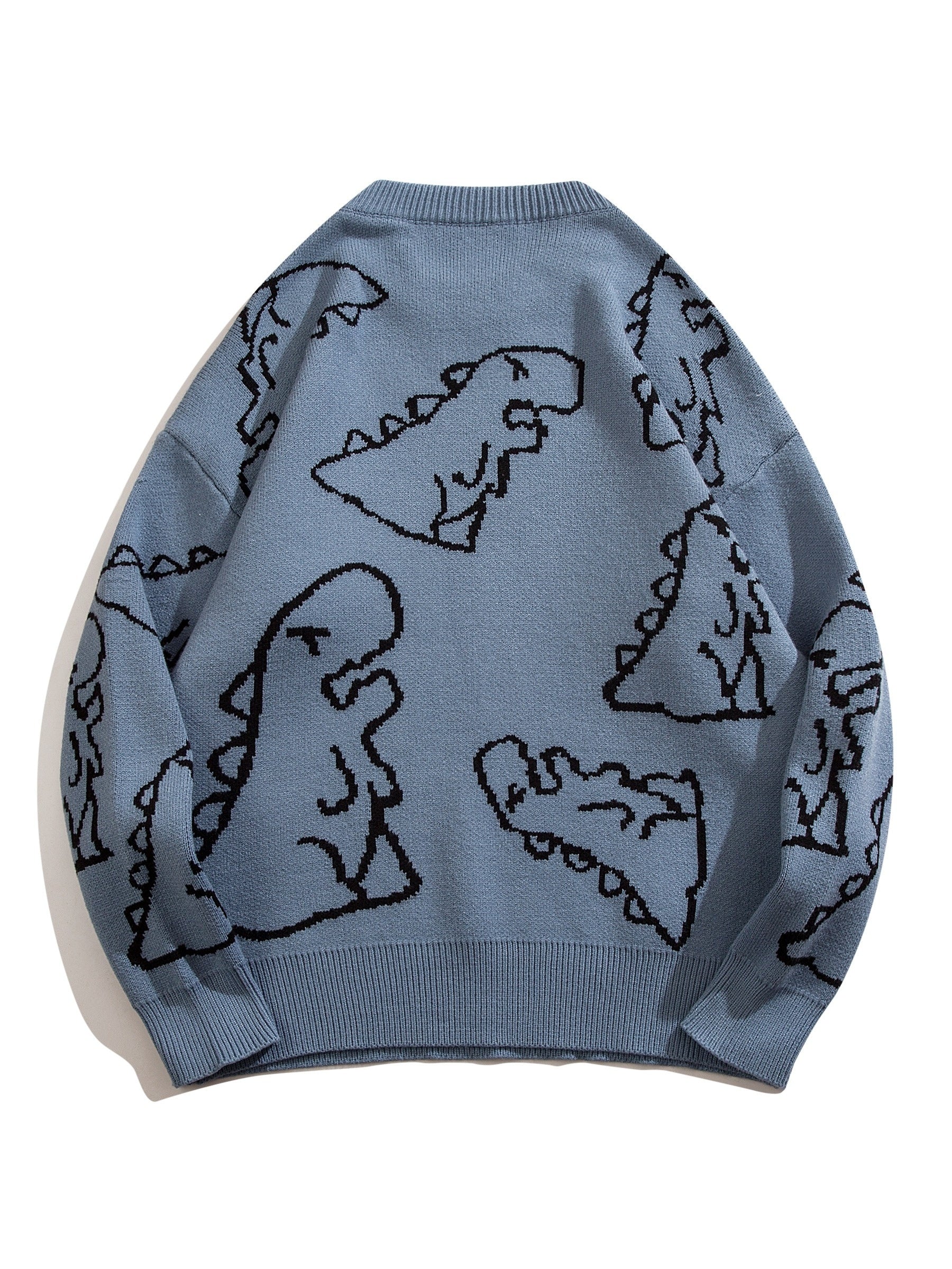 YWFG Unisex Casual Loose Fit Sweater - Black with Blue Dinosaur & Cloud Design, Long Sleeve Round Neck Pullover for Men & Women, Cozy Fall/Winter Knitwear, Dinosaur Clothes, Fall Winter Apparel, Playful Graphic Design, Comfor