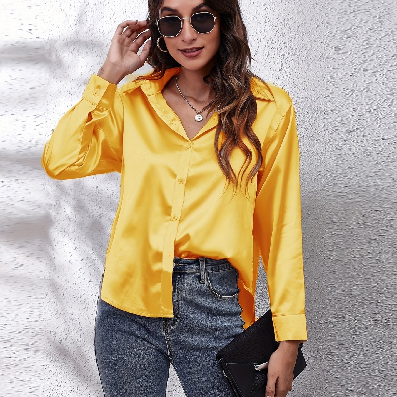 Solid Color Long Sleeve Button Down Tops, Business Casual Blouses For All Seasons, Women's Clothing