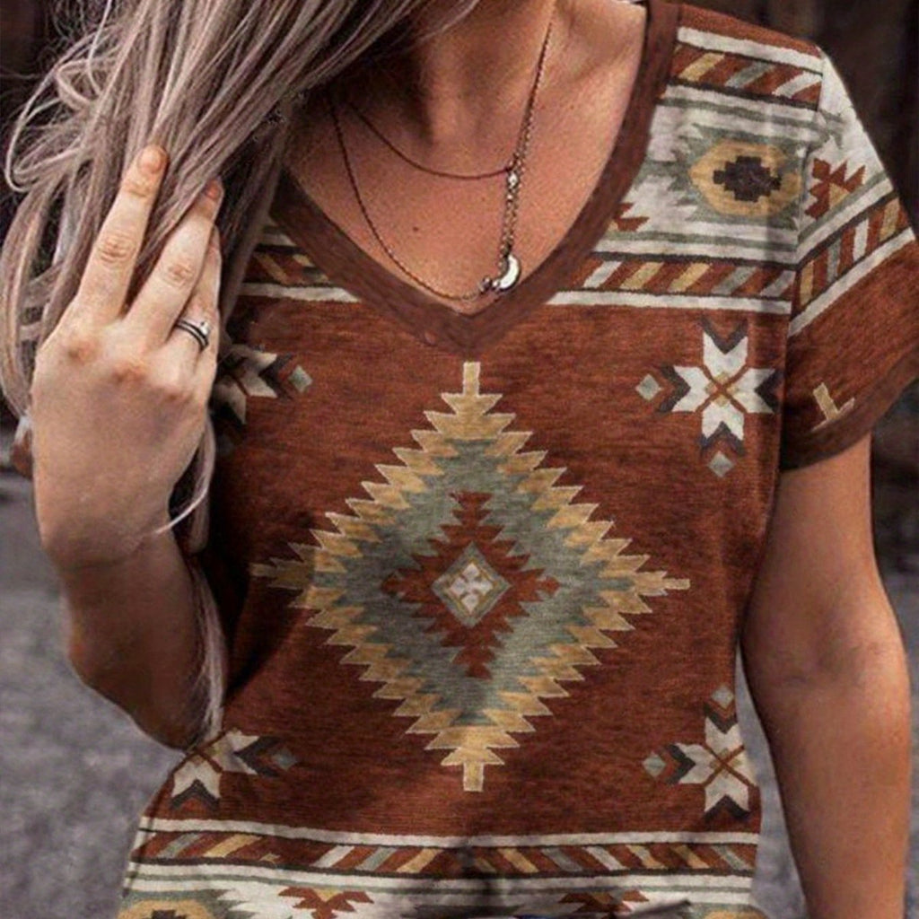 Western Geo Print V Neck T-Shirt, Casual Short Sleeve T-Shirt For Spring & Summer, Women's Clothing