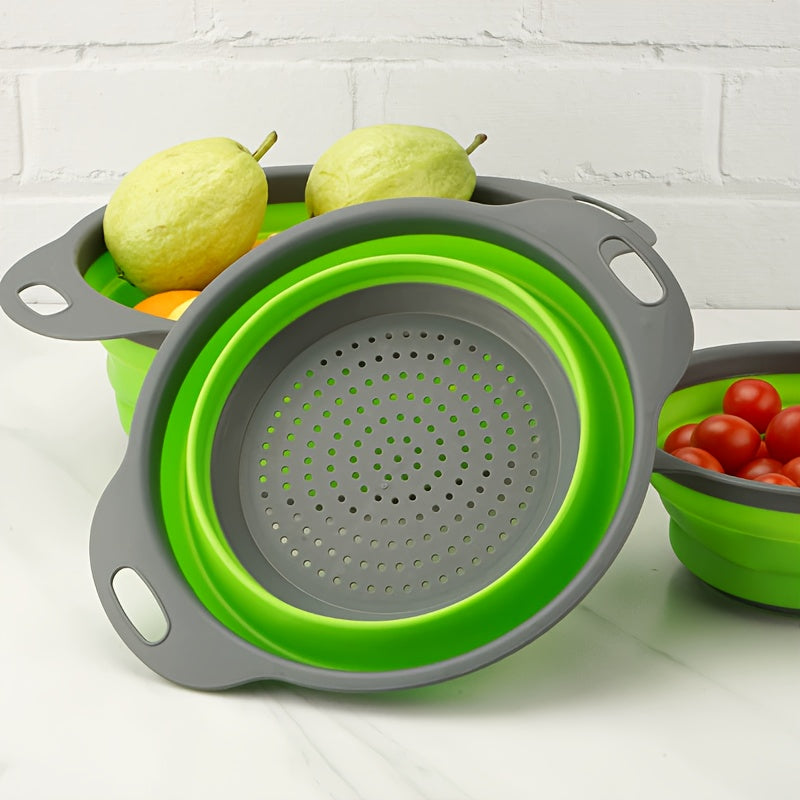 1/2 Set of Round Kitchen Draining Baskets, Foldable Funnel - Includes One Large And One Small, Perfect for Draining Pasta, Vegetables, And Fruits (Green, Red, Blue)