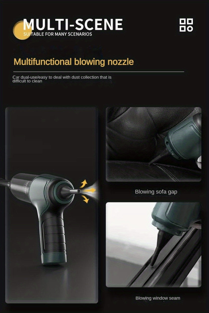 A Three In One Wireless Vacuum Cleaner With A High Power, Which Can Be Used For Suction, Air Extraction, And Blowing, Both In The Car And At Home. It Has An Extended Battery Life, Can Absorb Dust, Debris, Pet Hair, Air Extrac