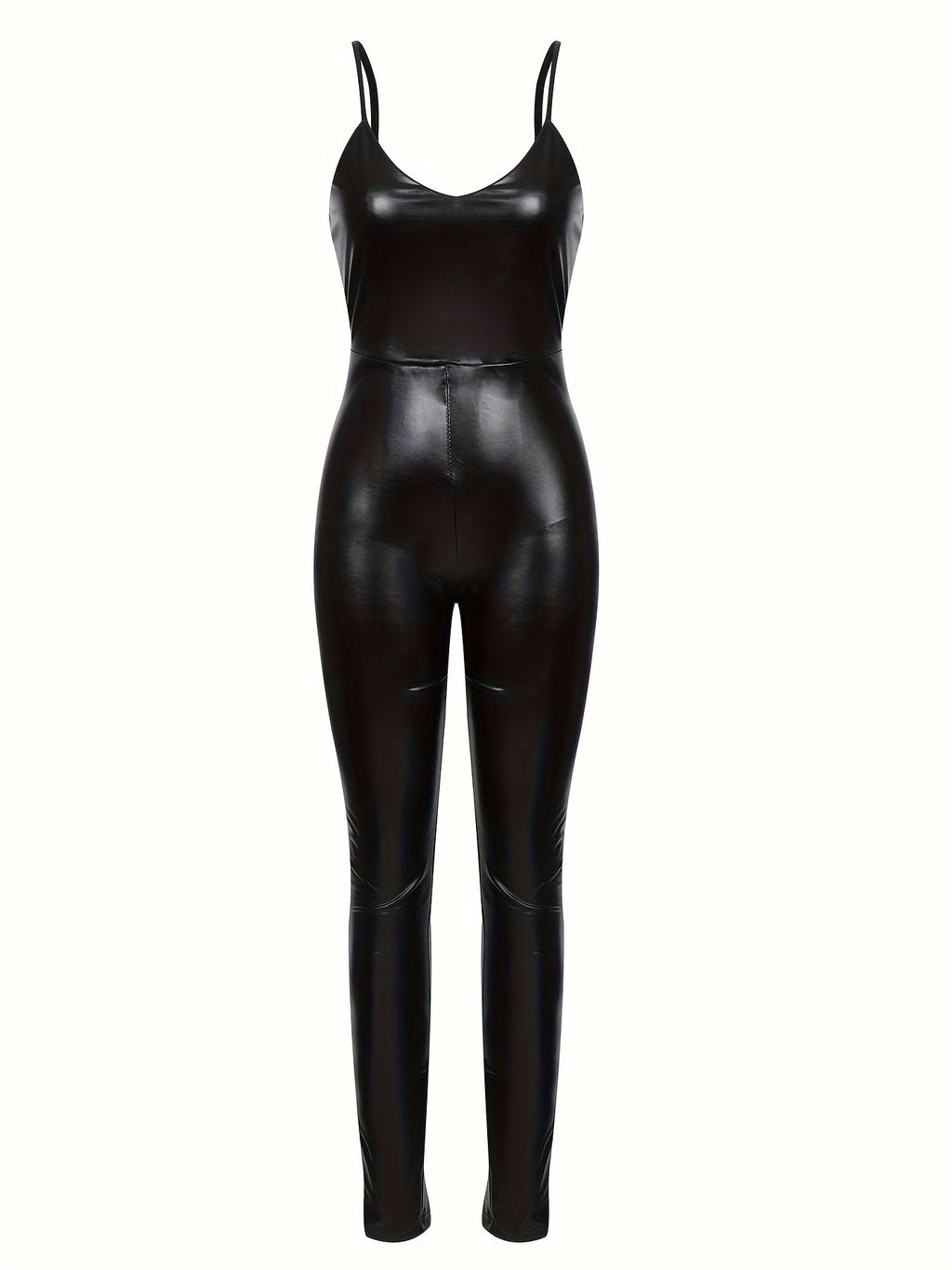 Solid Skinny PU Jumpsuit, Sexy V-neck Sleeveless Jumpsuit, Women's Clothing