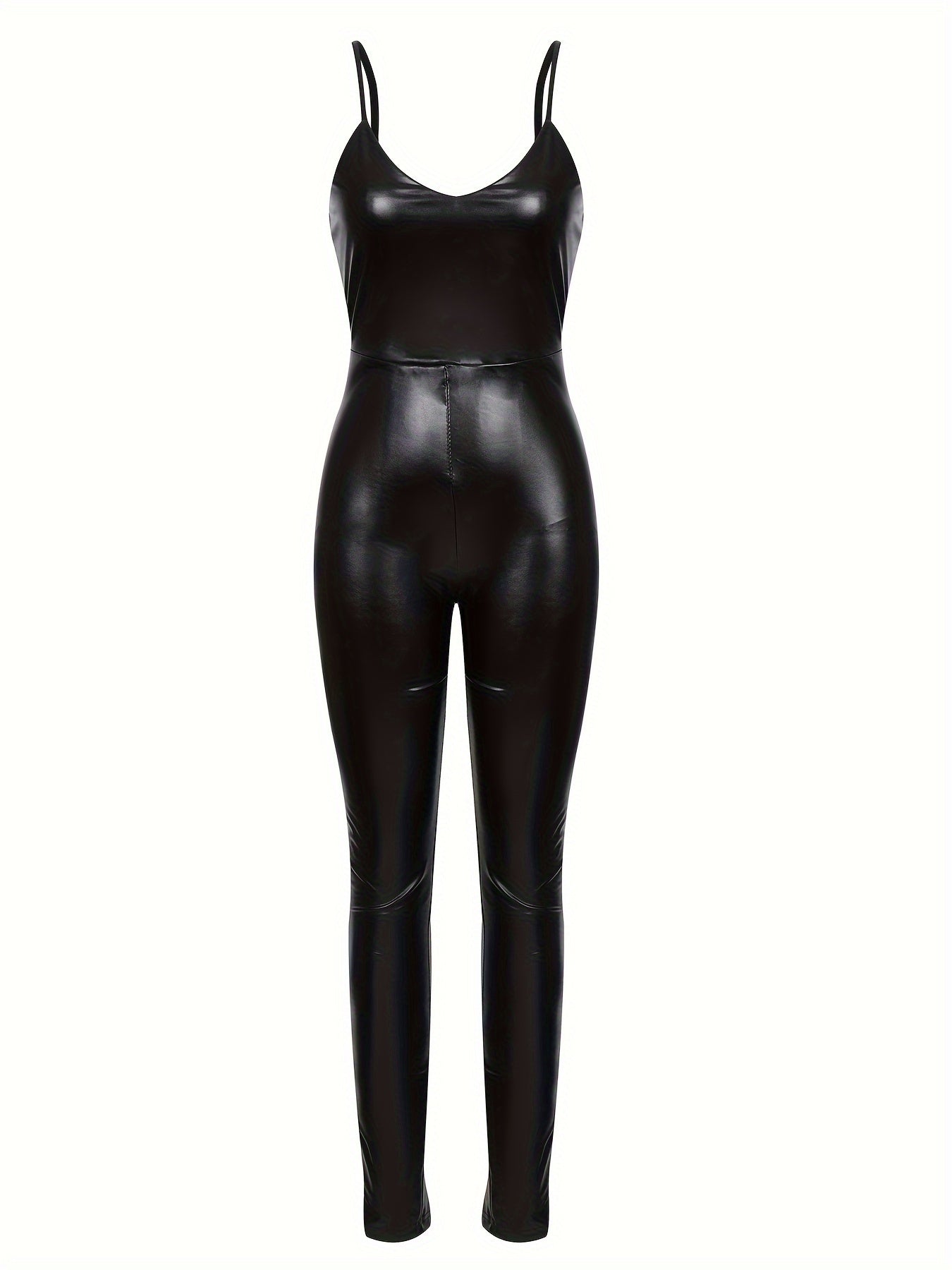 Solid Skinny PU Jumpsuit, Sexy V-neck Sleeveless Jumpsuit, Women's Clothing