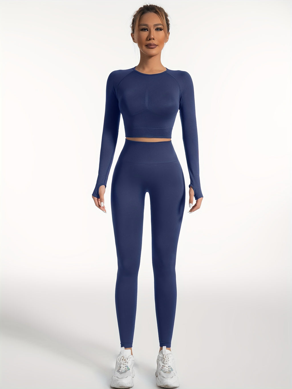 Women's Yoga Sports Suits, Seamless Stretchy Fitness Suits, Long Sleeve Thumb Hole Cropped Top & Slimming Leggings, Women's Activewear