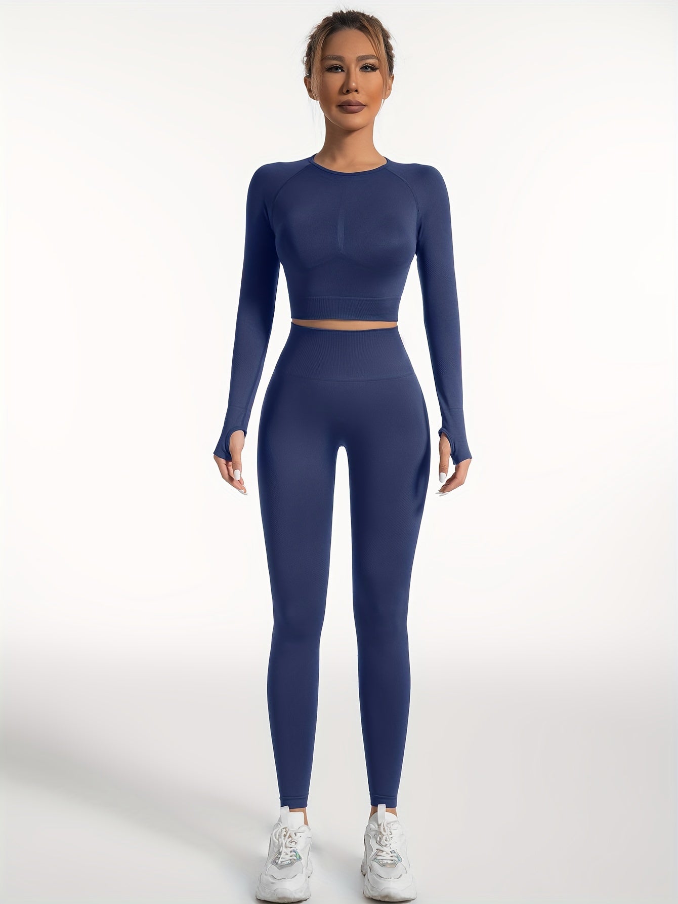 Women's Yoga Sports Suits, Seamless Stretchy Fitness Suits, Long Sleeve Thumb Hole Cropped Top & Slimming Leggings, Women's Activewear