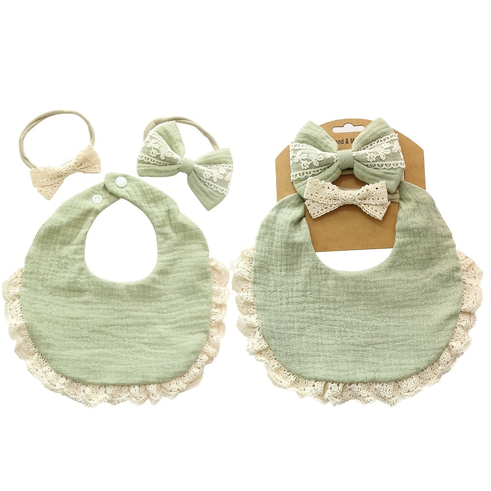 Two Headbands + One Bib Set, New Baby Bib, Kids Lace Bow Headband, Baby Crepe Stain Resistant Bib Set