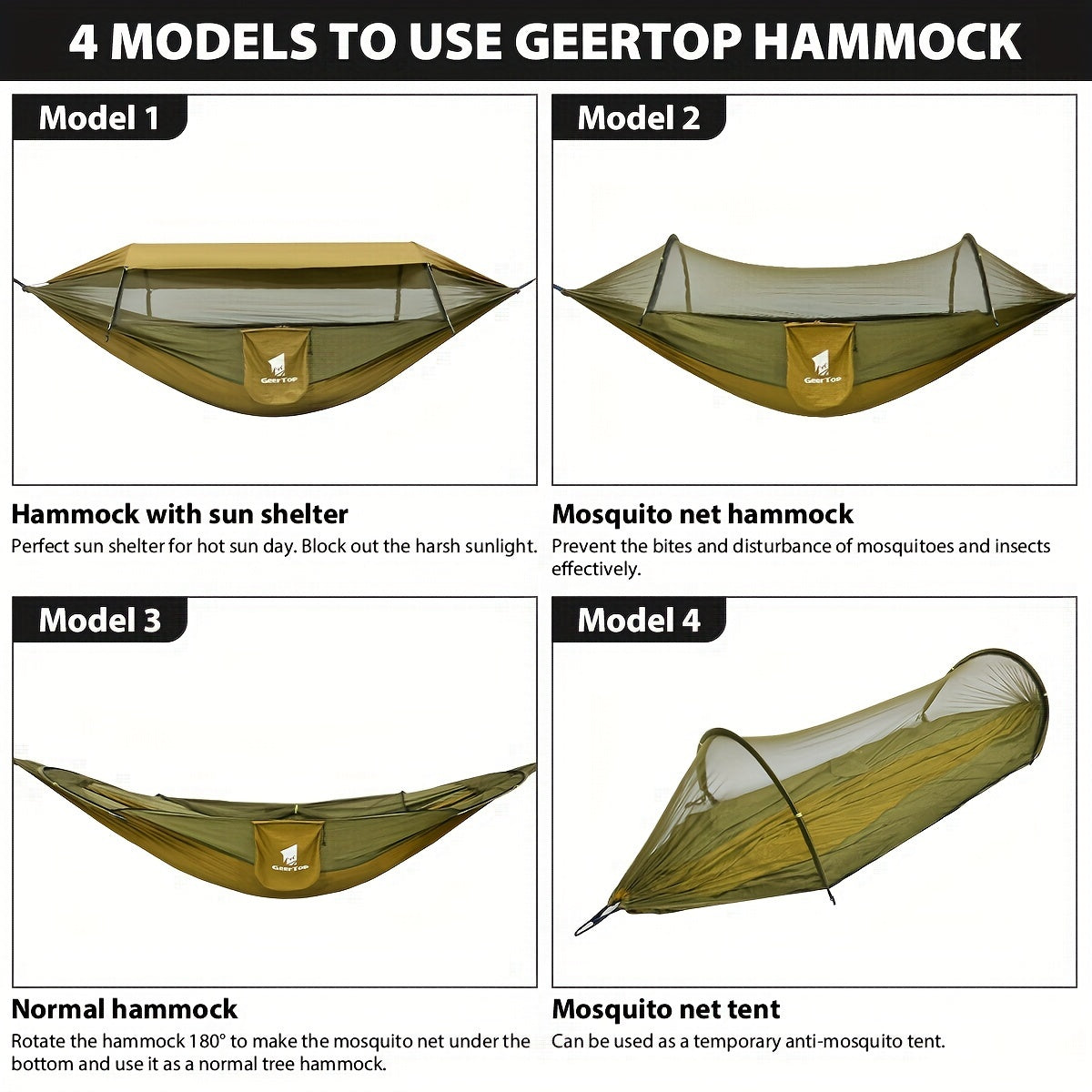 GEERTOP 3in 1 Outdoor Hammock with Mosquito Net Sun Shelter Rainfly, Double Sleep Rest Camping Hammock for Backpacking Travel Garden Park