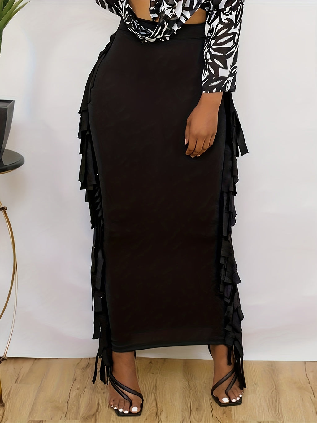Black Elastic Waist Sides Tassel Maxi Skirt