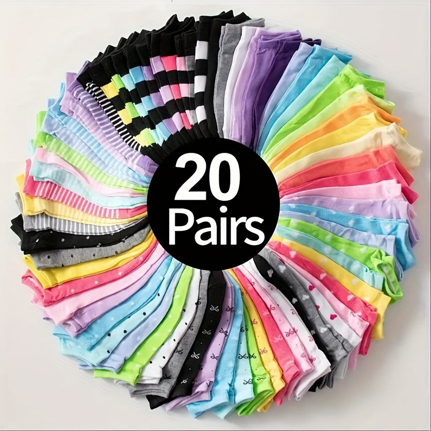 20 Pairs Women's Ankle Socks - Candy Color Assortment with Heart & Striped Patterns, Breathable Ribbed Cuffs, Soft Casual Socks for Casual Attire, Hand Wash Only, Novelty Socks, Playful Fashion, Colorful Design, Comfortable F