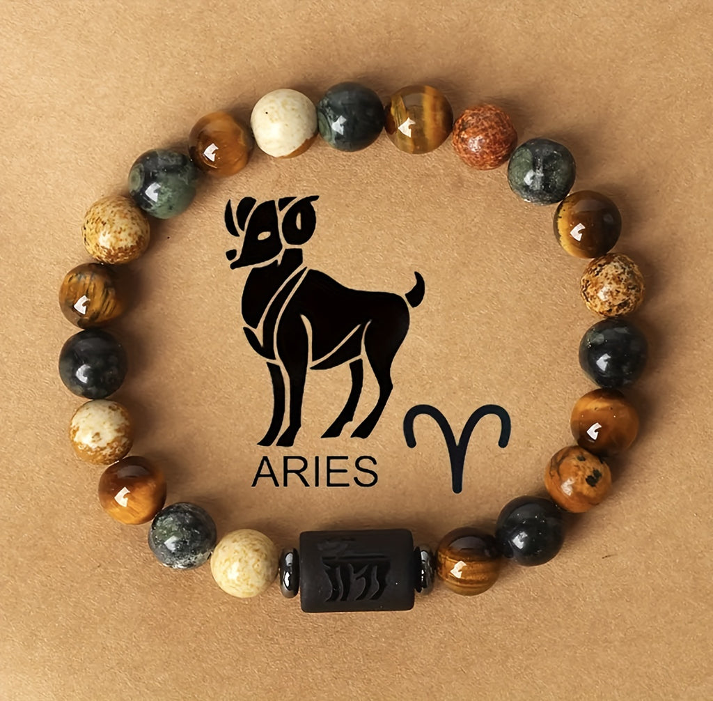 1pc Zodiac Astrology Natural Stone Beaded Bracelet, Fashionable 12 Constellation Designs, Personalized Zodiac Sign Jewelry, Ideal Birthday or Valentine'S Day Gift, 7.48inch