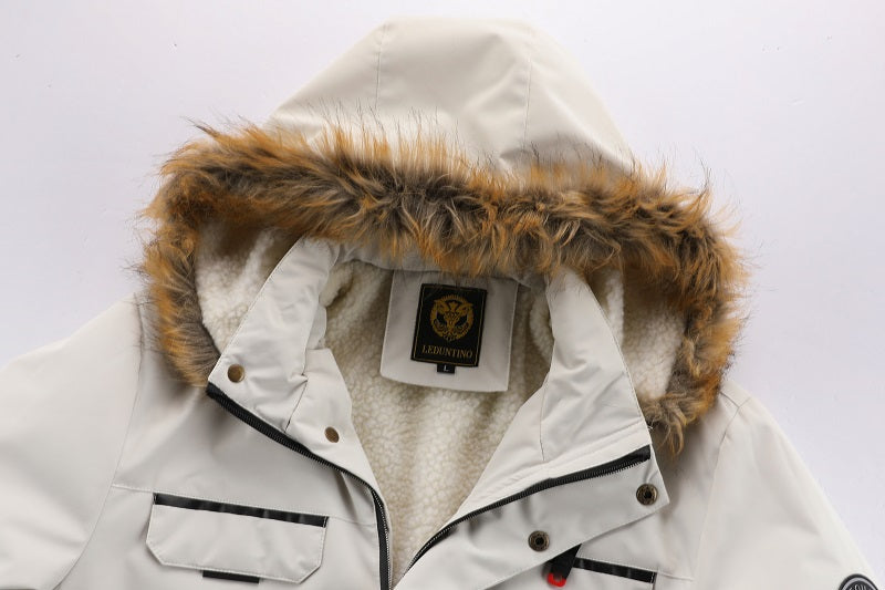 Men'S Winter Windbreaker Jacket with Lamb Fur Collar, Polyester 100% Windproof Zippered Sports Jacket, Alphabet Pattern, Regular Sleeve, Casual Outdoor Wear, H Fit, 150g/m² Fabric Weight