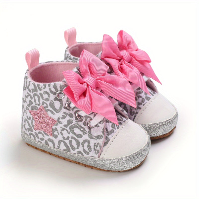 Infant Baby Gils Canvas Shoes, Soft-soled Non-slip High Top First Walker Shoes With Bow Decor