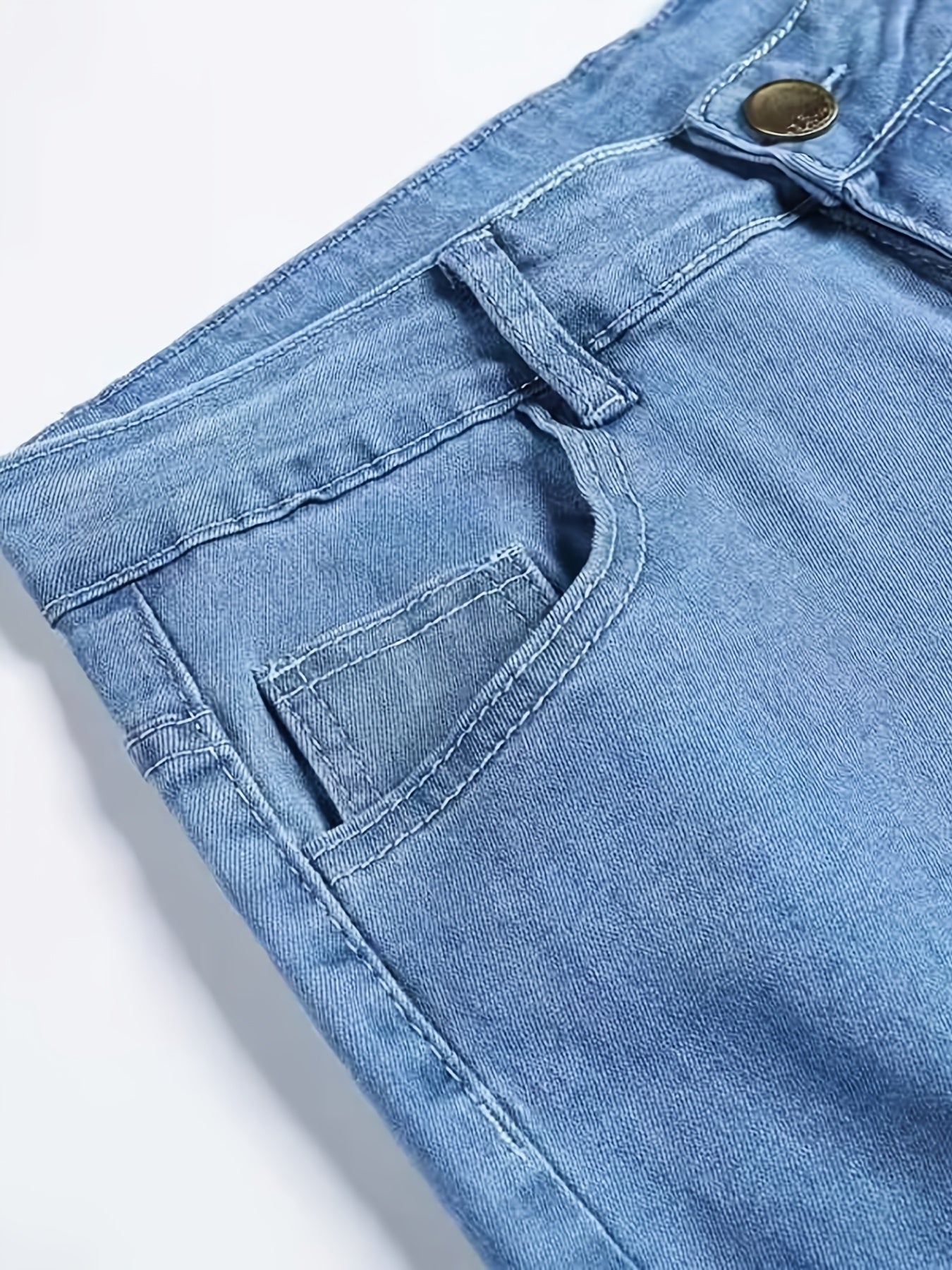 Slim Fit Distressed Cotton Jeans, Men's Casual Street Style Solid Color Washed Mid Stretch Denim Pants For Spring Summer