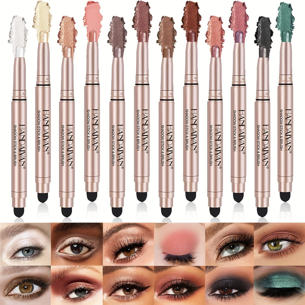 12 Pcs Highlighter Eyeshadow Pen, Matte Creamy Eyeshadow Stick Set With Sponge Brush, Shimmer Metallic Eyeshadow Pencil, Waterproof Long Lasting Eye Brightener Stick, Glitter Multi-Dimensional Eye Makeup For Music Festival