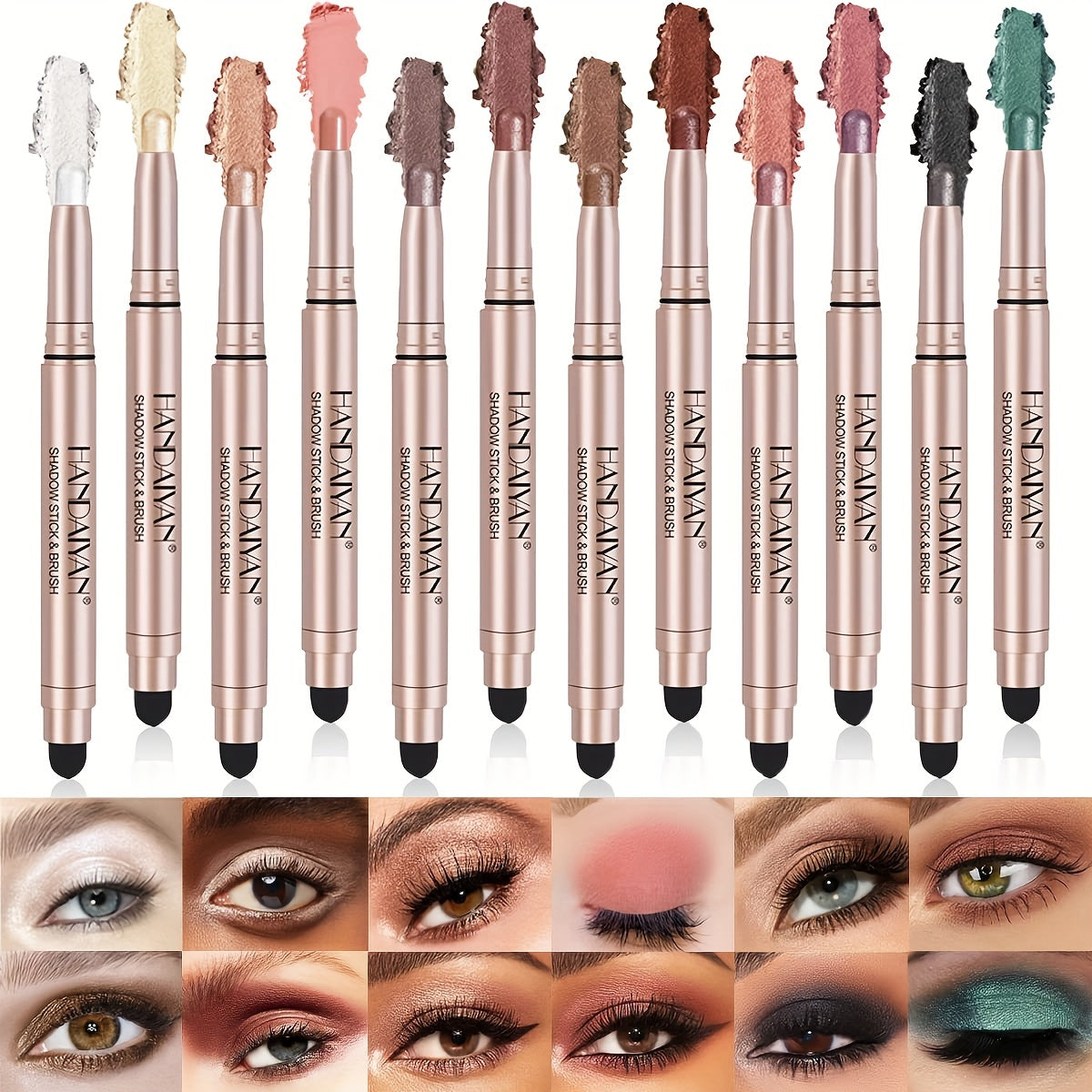 12 Pcs Highlighter Eyeshadow Pen, Matte Creamy Eyeshadow Stick Set With Sponge Brush, Shimmer Metallic Eyeshadow Pencil, Waterproof Long Lasting Eye Brightener Stick, Glitter Multi-Dimensional Eye Makeup For Music Festival