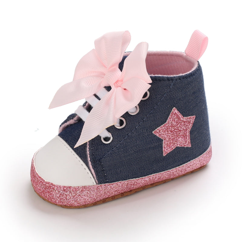 Infant Baby Gils Canvas Shoes, Soft-soled Non-slip High Top First Walker Shoes With Bow Decor