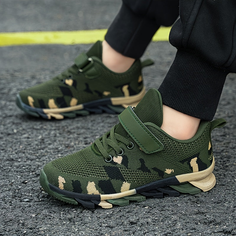 Boys Casual Camouflage Print Knitted Blade Type Shoes, Low Top Breathable Non-slip Sneakers For Autumn