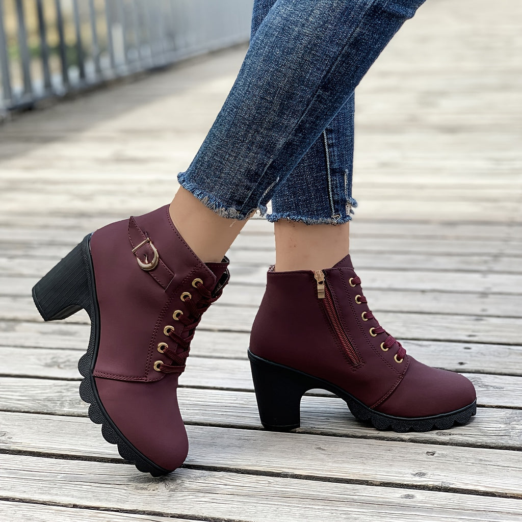 Women's Chunky Heel Ankle Boots - Black Faux Cover Lace-Up Side Zipper Booties with Golden Accents, Cap Toe & Comfortable Block Heel for Casual Outings