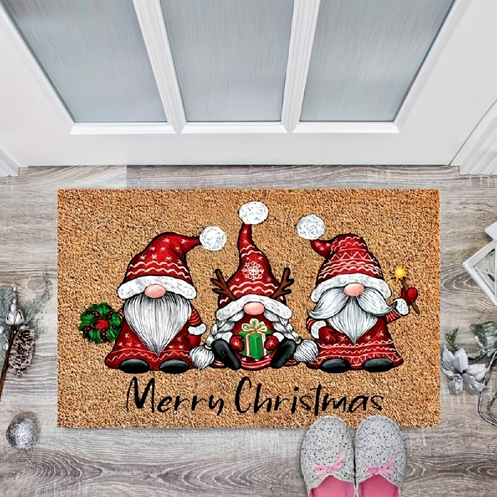 1pc Christmas Gnome Welcome Doormat, Washable Low Pile Indoor Outdoor Entrance Mat, Non-slip Rubber Backing Absorbent Bath Mat, RV Mat, Farmhouse Funny Kitchen Rugs, Suitable For Bathroom Kitchen Ect.