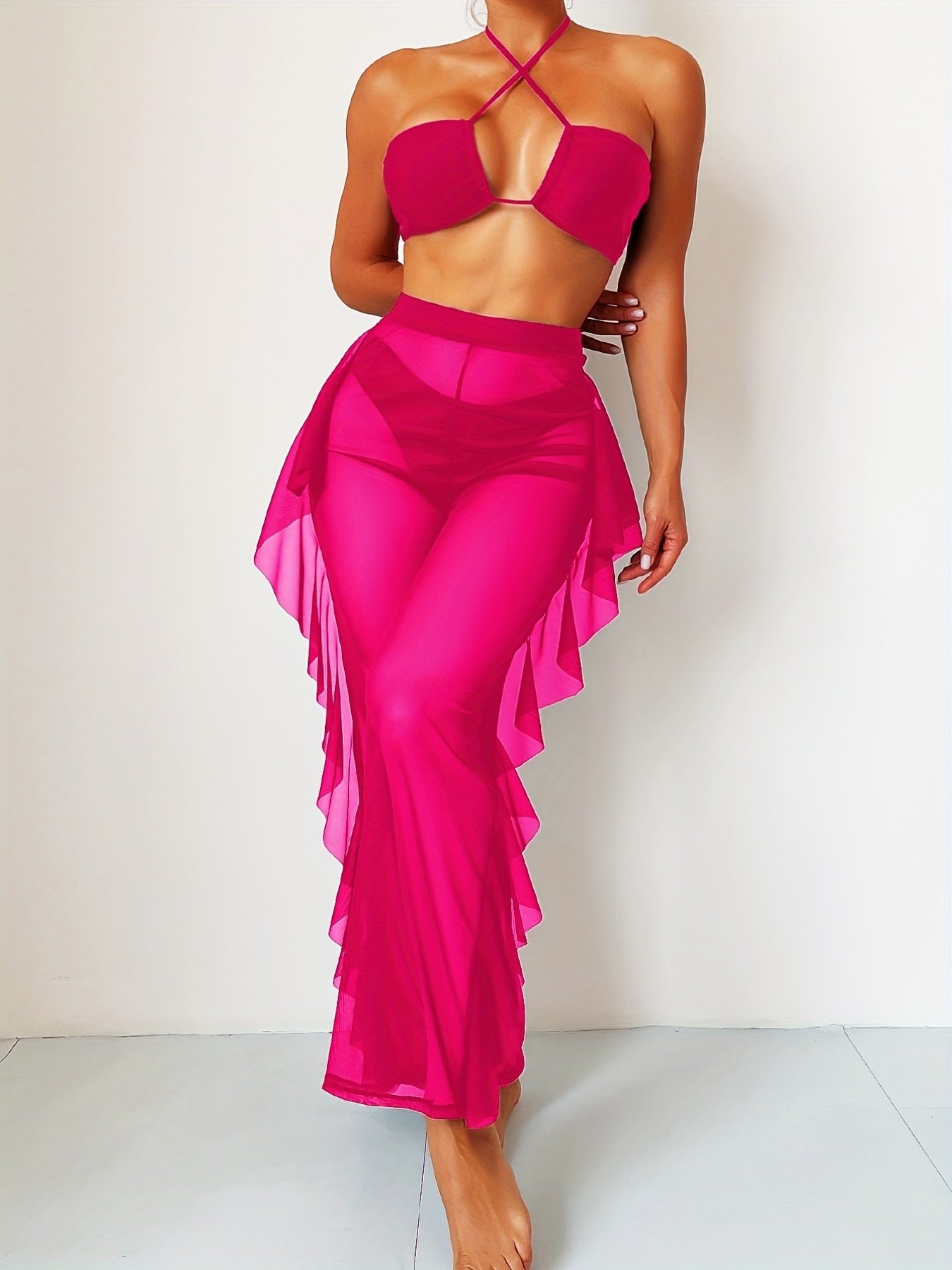 Dreiteiliger Bikini-Badeanzug für Damen: Dreiteiliger Badeanzug aus schwarzem, sexy, halbtransparentem Mesh mit gerafftem, gekreuztem Bund und Höschen.