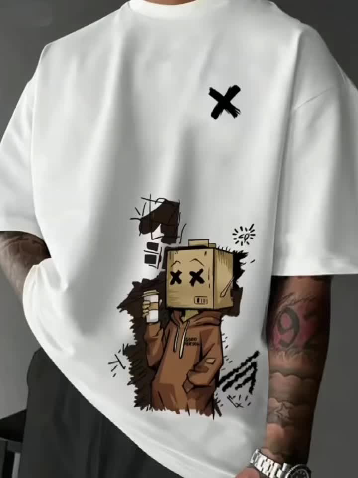 Men'S Summer Casual T-Shirt with Playful Robot & Cupcake Graphic - Red, Short Sleeve, Round Neck, Loose Fit, Geometric Pattern, Perfect for Streetwear or Casual Attire, Casual Summer Wear | Playful Graphic Tee | Comfortable F