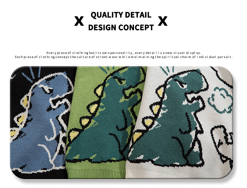 YWFG Unisex Casual Loose Fit Sweater - Black with Blue Dinosaur & Cloud Design, Long Sleeve Round Neck Pullover for Men & Women, Cozy Fall/Winter Knitwear, Dinosaur Clothes, Fall Winter Apparel, Playful Graphic Design, Comfor