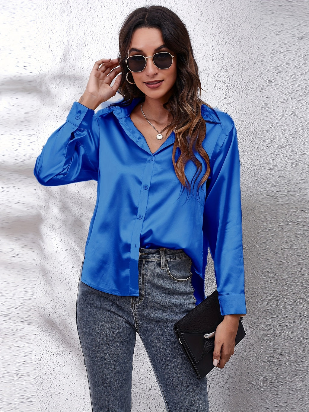 Solid Color Long Sleeve Button Down Tops, Business Casual Blouses For All Seasons, Women's Clothing