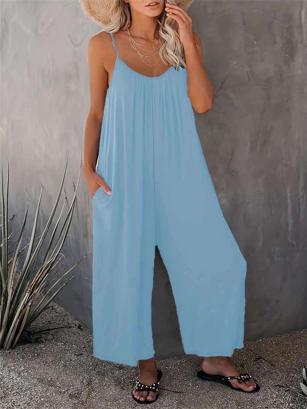Women'S Light Blue Sleeveless Jumpsuit with Pockets - Casual Polyester Knit Fabric, V-Neck, Summer 2023, Beach Coverup, Beach Coverup Jumpsuit | Casual Style Jumpsuit | Knit Construction