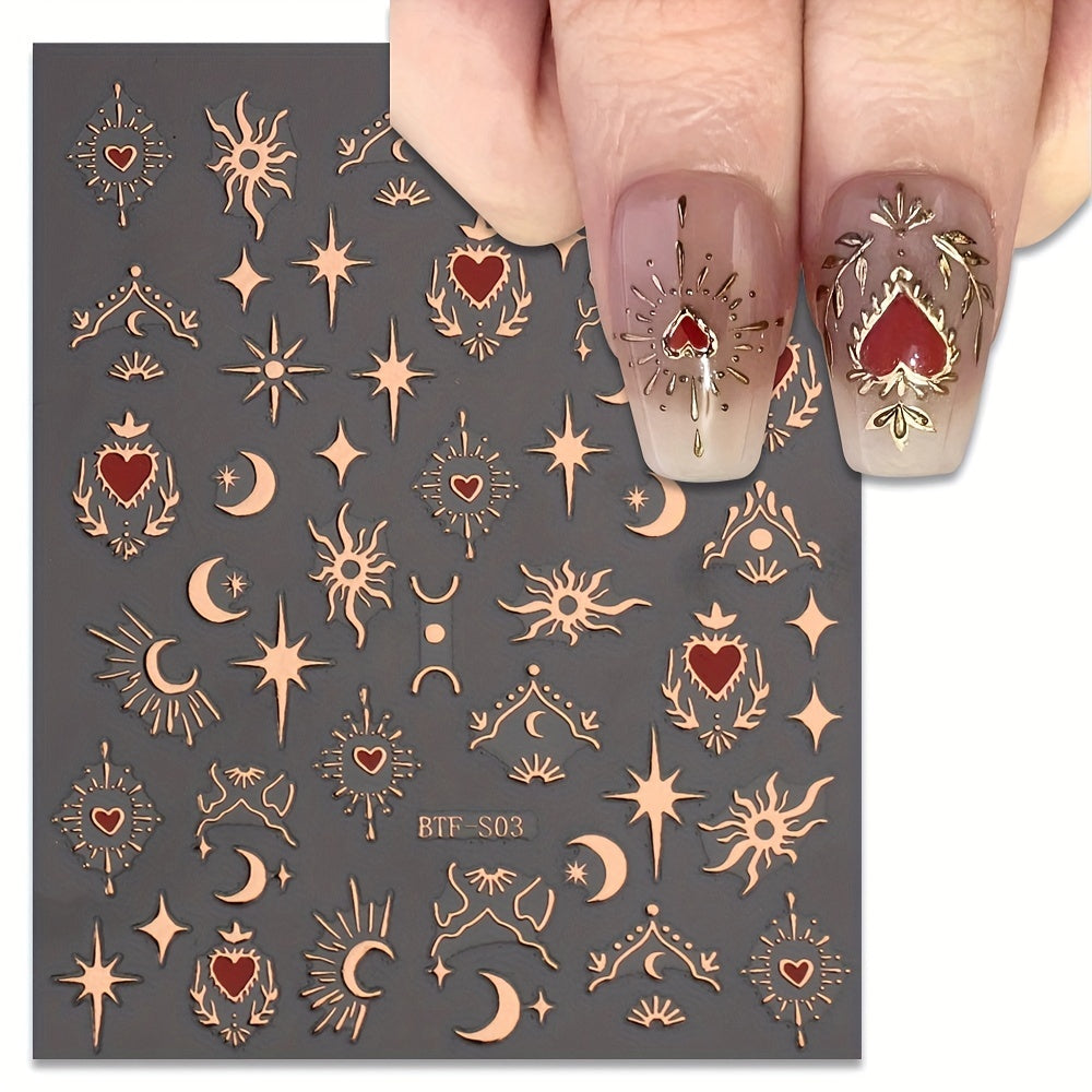 Golden Sun, Moon, and Star Nail Art Stickers - Self-Adhesive 3D Decals for French Nail Design and DIY Decoration