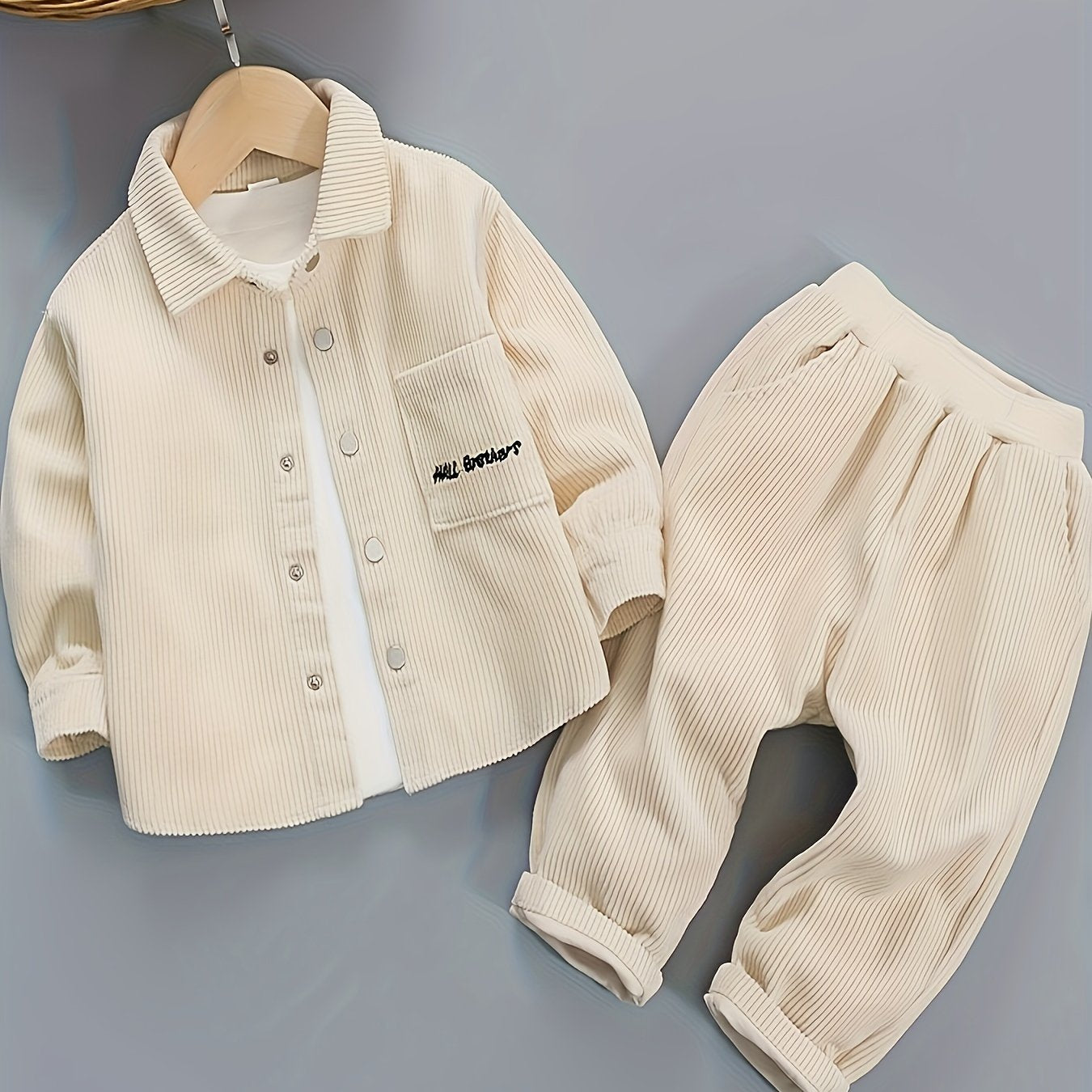 Spring And Autumn Boys Simple And Fashionable Solid Color Corduroy Two Piece Set, for Outdoor