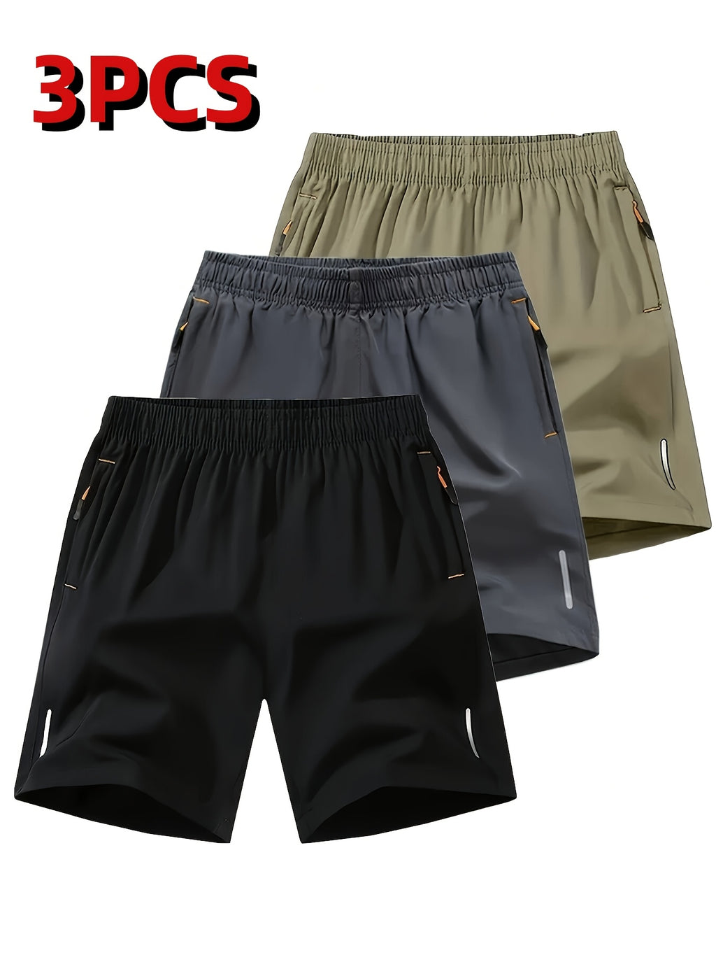 3pcs Reflective Men's Stripe Decor Sports Shorts, Elastic Waist Trendy Fitness for Summer Training