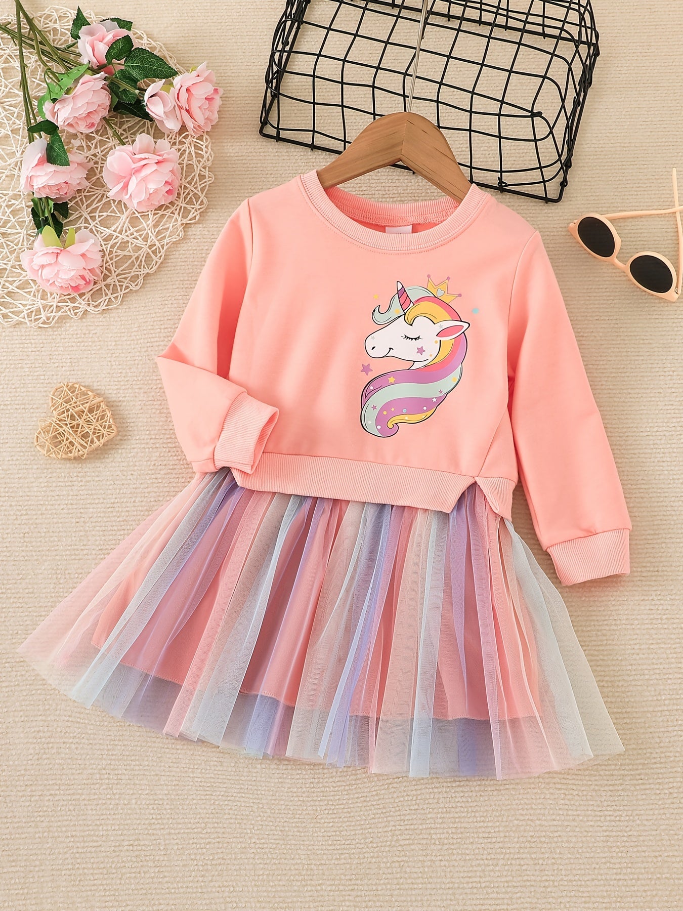 Toddler Girls Long Sleeve Cute Unicorn Graphic Color Block Mesh Spliced Princess Dress For Party Kids Clothes