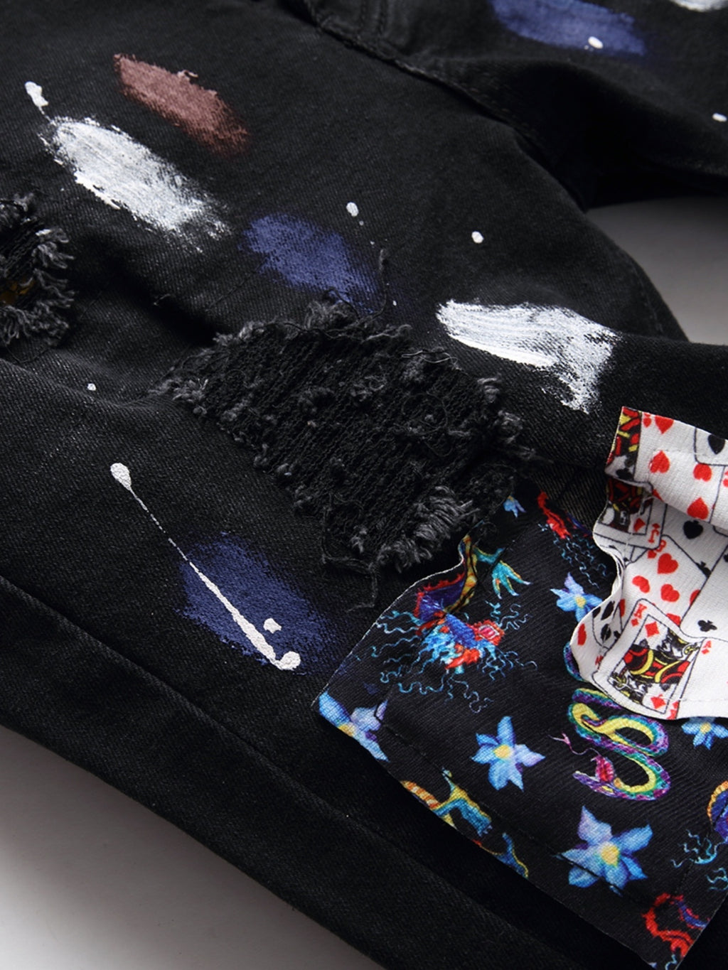 Men's Trendy Ripped Patchwork Jeans - Stretch Slim Fit with Vibrant Graffiti Art, Denim Material, Machine Washable, All-Season Style, Allseason Jeans|Distressed Denim|Comfortable Fit Jeans