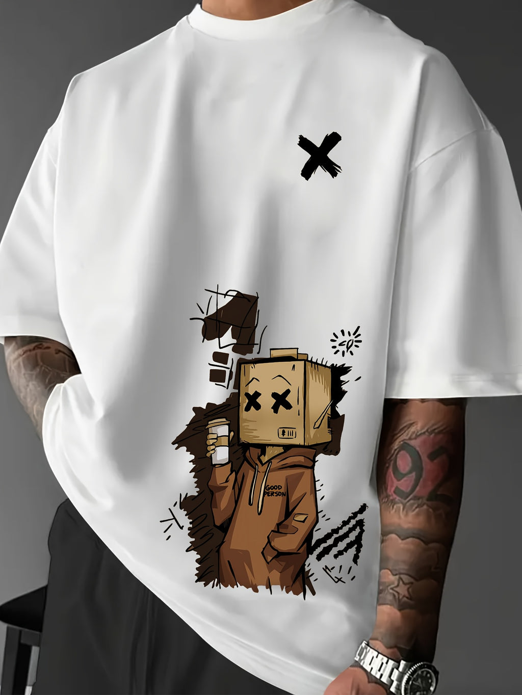 Men'S Summer Casual T-Shirt with Playful Robot & Cupcake Graphic - Red, Short Sleeve, Round Neck, Loose Fit, Geometric Pattern, Perfect for Streetwear or Casual Attire, Casual Summer Wear | Playful Graphic Tee | Comfortable F