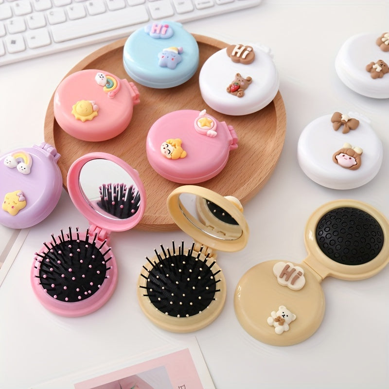 Cute Folding Airbag Comb With Mirror Cartoon Round Pocket Hair Brush With Makeup Mirror Compact Travel Hairbrush Mini Hair Massage Comb For Women And Girls