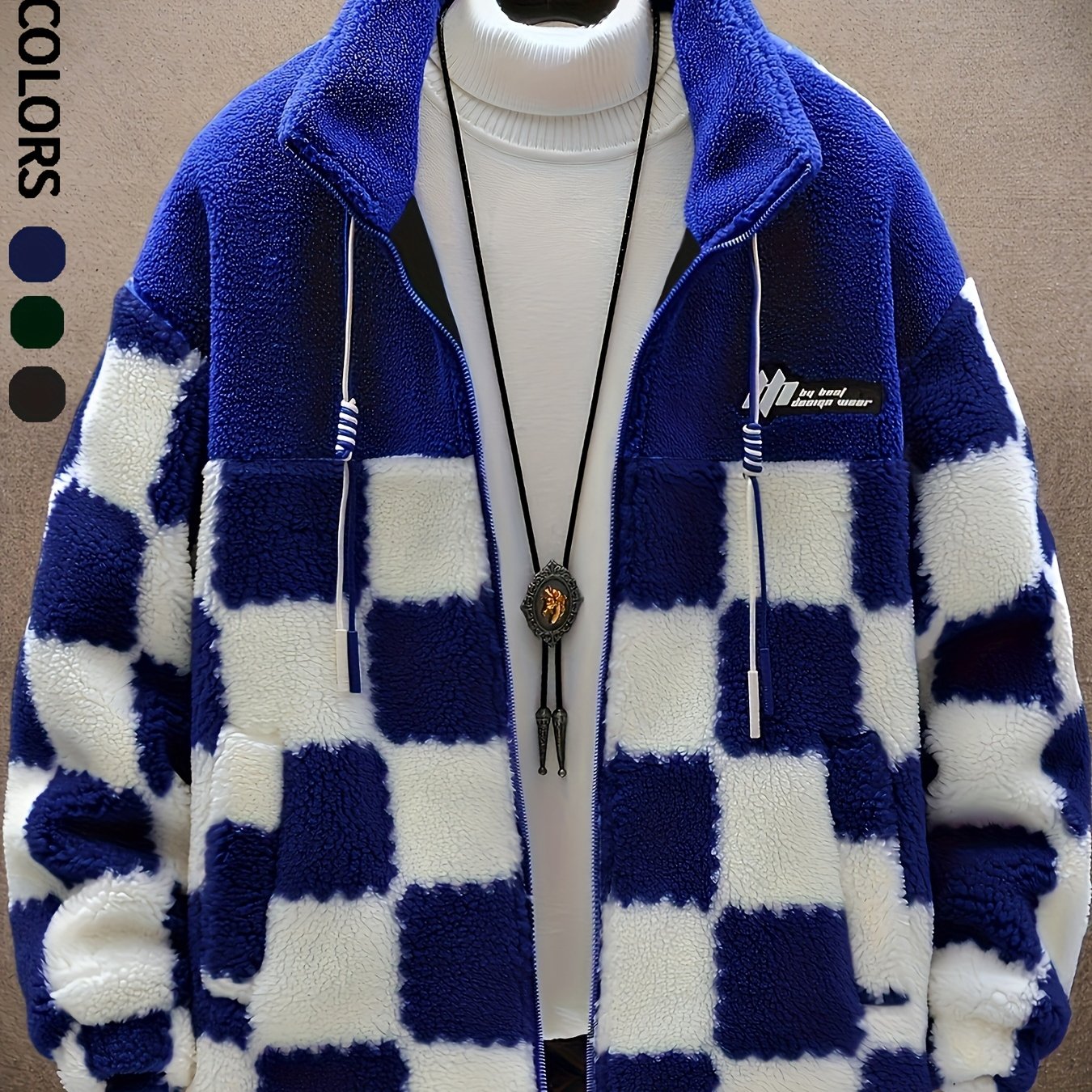 Men'S Plush Checkered Winter Coat - Blue & White, Loose Fit, Stand Collar, Zip-Up Jacket with Drawstring Hood, Casual Style for Fall/Winter, Winter Coat