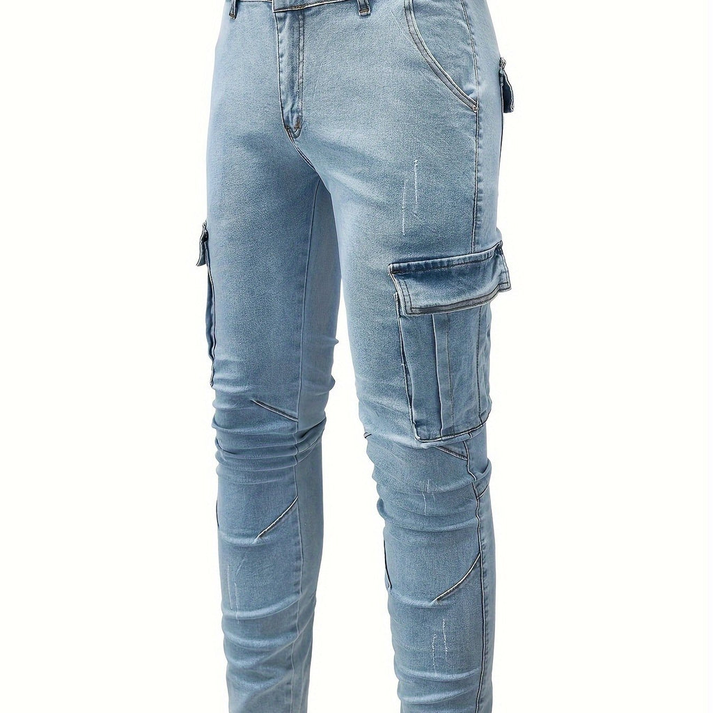Men's Solid Color Multi-pocket Skinny Jeans For Autumn And Winter