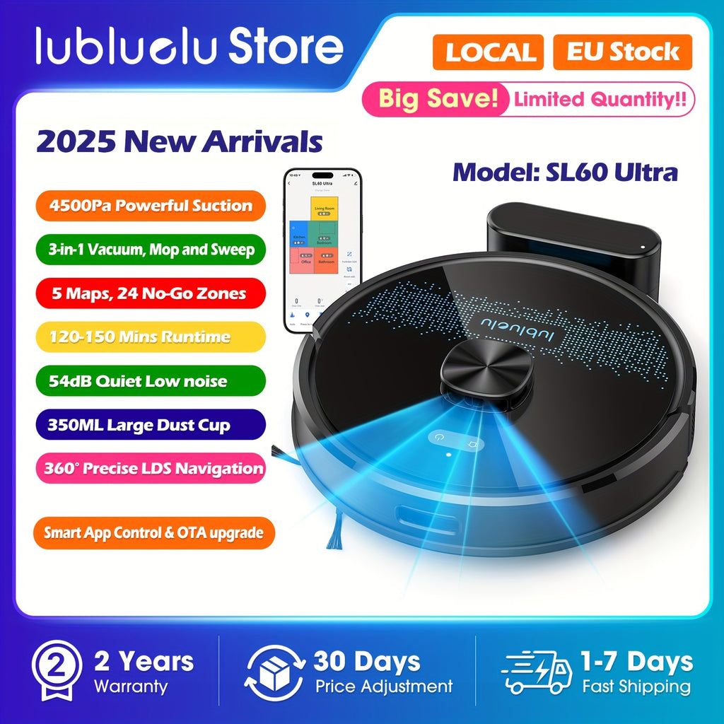 Robot Vacuum Cleaner And Mop Combo 4500Pa, Lubluelu SL60Ultra Robotic Vacuum, 150Mins Max, 56dB, 24 No-Go Zones For Pet Hair Carpets Floor