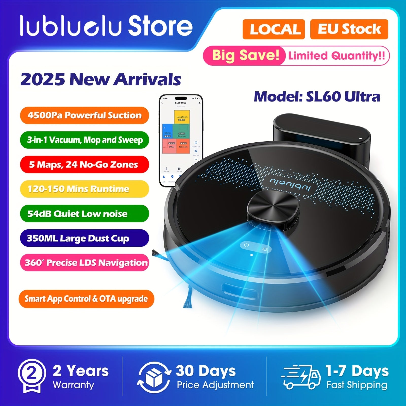 Robot Vacuum Cleaner And Mop Combo 4500Pa, Lubluelu SL60Ultra Robotic Vacuum, 150Mins Max, 56dB, 24 No-Go Zones For Pet Hair Carpets Floor