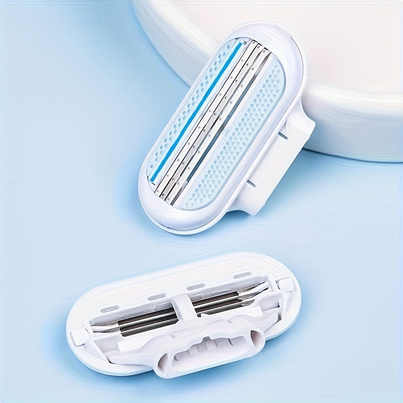 [1 Handle + 8 Blades Razor Kit] [Hypoallergenic Safety] Ladies' Classic Manual Hair Removal Razor Kit - Hypoallergenic, Reusable with 1 Blue Handle + 8 White Blades, 3-Layer Stainless Steel for Smooth, Normal Skin, Hair Remov